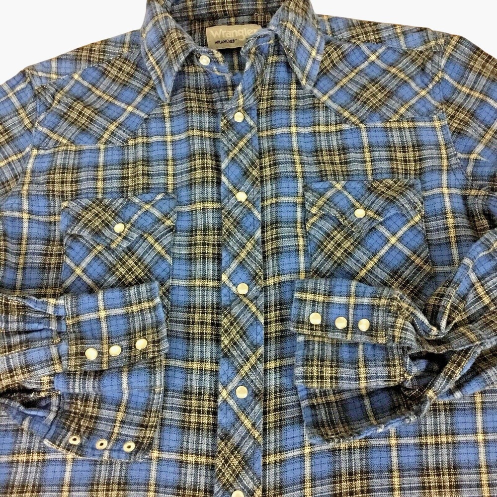 Wrangler‎ Wrancher Mens Medium Blue Plaid Pearl Snap Western Flannel Shirt